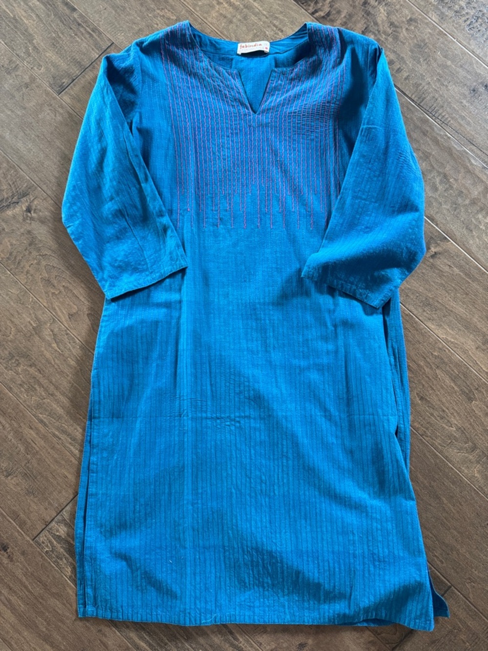 fabindia Teal Blue Woven Midi Tunic Dress